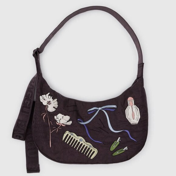 NWT Baggu Medium Crescent Bag - Embroidered Get Ready With Me (Chocolate Plum) - Picture 2 of 5